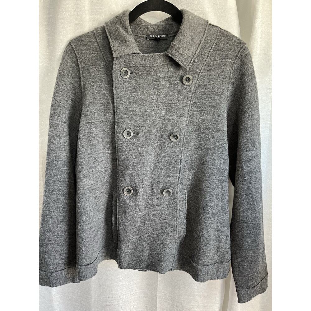 EILEEN FISHER Jacket Merino Wool Blend Double Breasted Peacoat Charcoal Gray PL